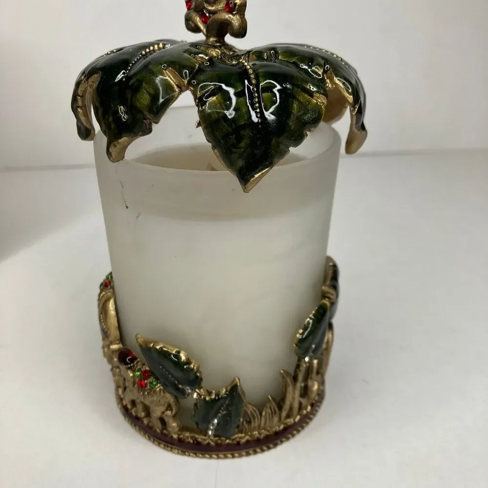 Cloisonné Hand Painted Enamel Bougie Safari Candle Holder Elephants Bombay NEW